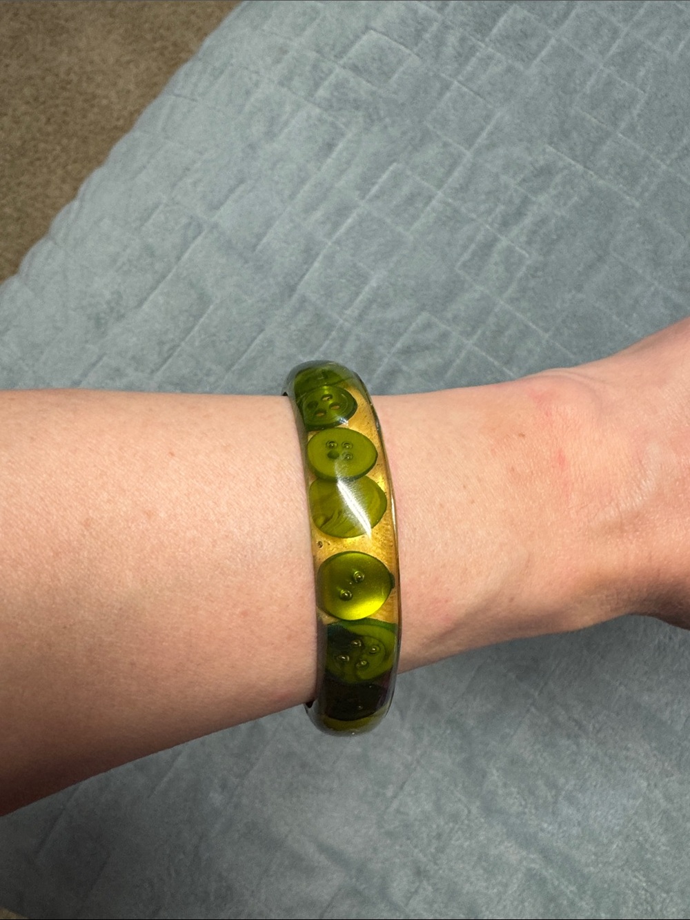 Vintage Plastic Bangle Bracelet, Embedded Buttons, Green, Retro, Boho